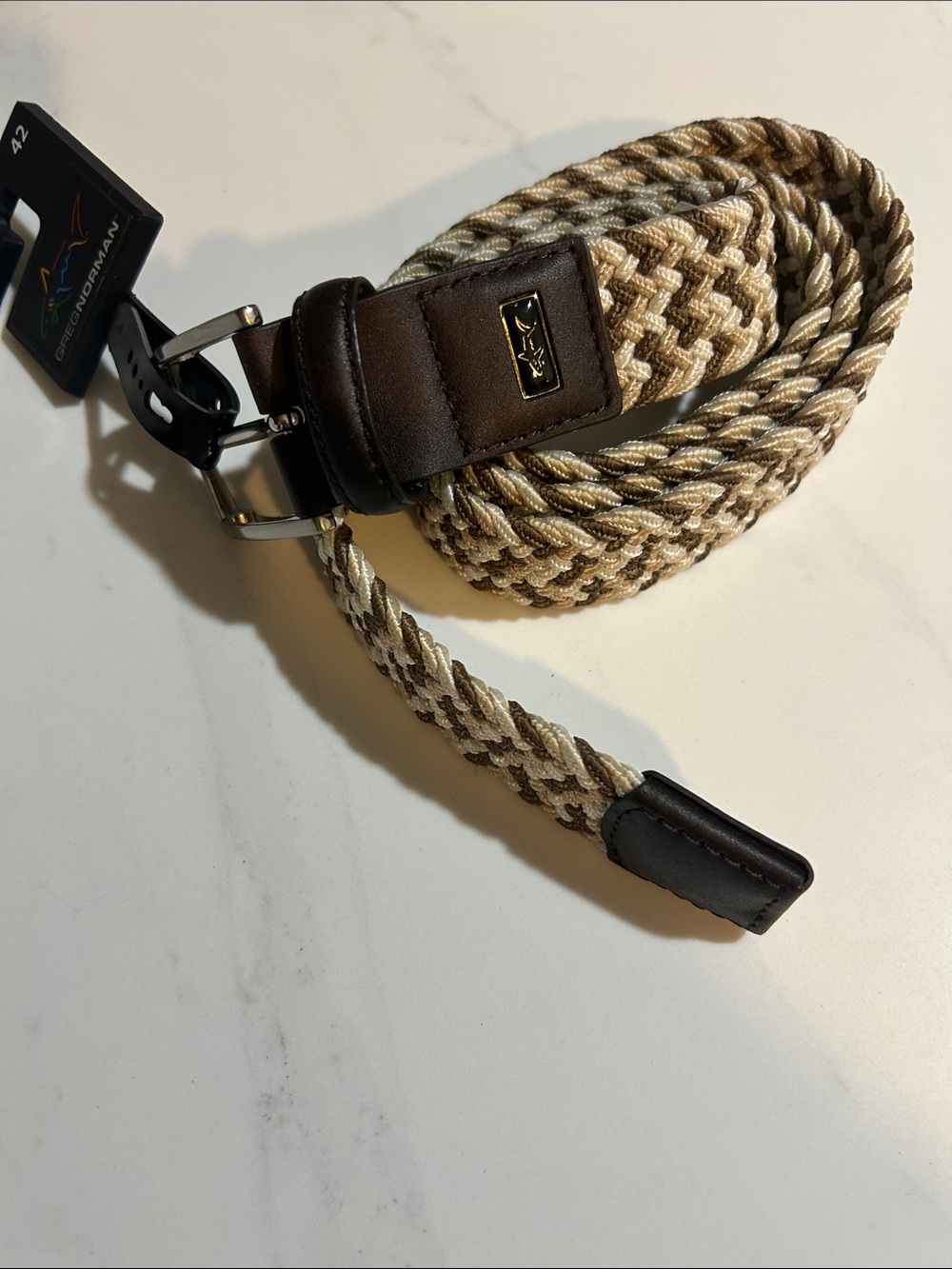 Greg Norman Collection Braided Stretch Belt in Brown and Cream